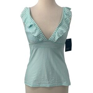 NWT Crown & Ivy Seersucker Blue/White Stripe Ruffled V-Neck Swim TankiniTop Sz S